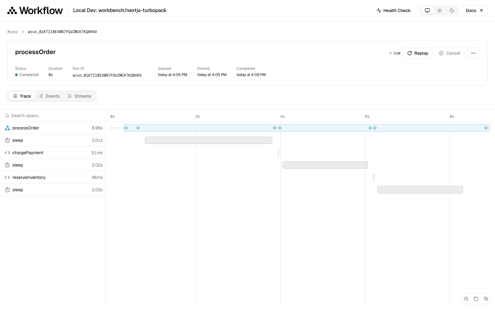 Trace timeline with attr_set diamond markers on the run row